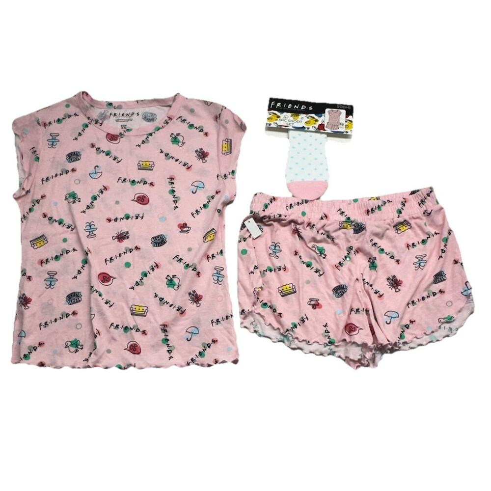 Friends TV Show Womens Pajama Set Size Small Pink Tee Shorts Socks Sleep Set